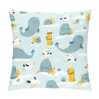 Personality  Seagulls And Seals. Vector Seamless Pattern In Hand Drawn Scandinavian Cartoon Style. The Illustration In A Limited Palette Is Ideal For Printing On Fabric, Textiles, Wrapping Paper For Children Pillow Covers