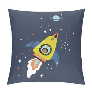 Personality  Outline With Astronaut Kid And Cat In Rocket Ships. Stars, Planet.Coloring. Black And White Cartoon Character. Vector Illustration On White Background. Kids Coloring Book. A Game For Children. Pillow Covers