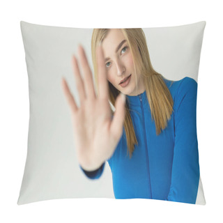 Personality  Young Woman In White Turtleneck Showing Stop Gesture With Blurred Outstretched Hand Isolated On Grey Pillow Covers