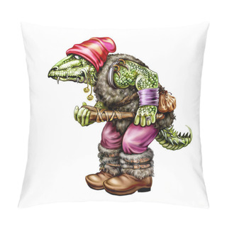 Personality  Green Troll In Red Hat With Baton, Terrible Fairytale Character, Isolated On White Background Pillow Covers