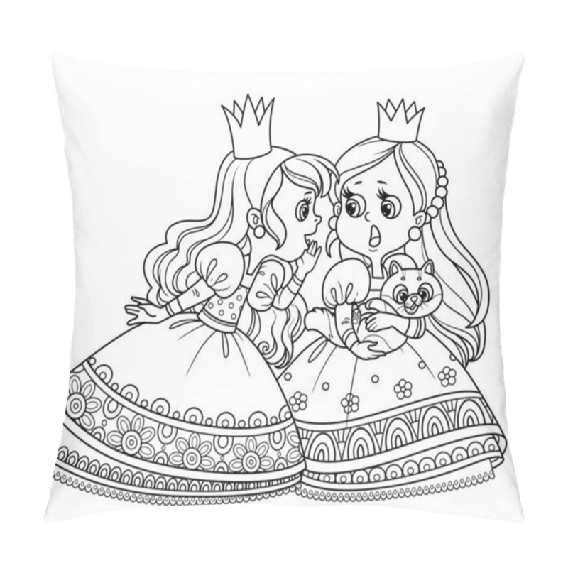 Personality  Two cute princesses gossip or secret one of them has a cat outlined for coloring book pillow covers