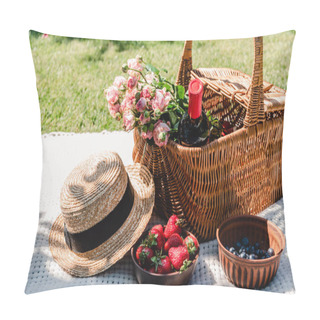 Personality  Wicker Basket With Roses And Bottle Of Wine On White Blanket Near Straw Hat And Berries At Sunny Day In Garden Pillow Covers