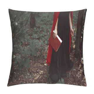 Personality  Cropped View Of Elegant Girl In Red Cloak With Magic Book In Forest Pillow Covers