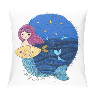 Personality  Cute Cartoon Mermaid And Fish. Siren. Sea Theme. Isolated Objects On White Background. Pillow Covers