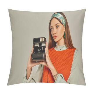 Personality  Enchanting Woman In Colorful Headband And Orange Dress Taking Photo On Vintage Camera On Grey Pillow Covers