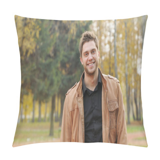 Personality  Portrait Of Attractive Happy Smiling Stylish Young Man In Autumn Pillow Covers