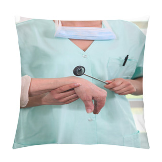 Personality  Doctor Checking His Patient's Reflexes Pillow Covers