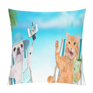 Personality  Cat And Dog Relaxing Sitting On Deckchair On The Sea Background. Pillow Covers