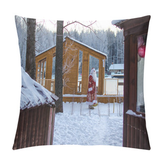 Personality  Xmas, Cold, December. Santa Claus Going With A Bag Of Gifts In The Winter On Snow-covered Field Pillow Covers