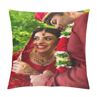 Personality  Pleased Indian Man In Turban Hugging Happy Bride In Red Sari  Pillow Covers