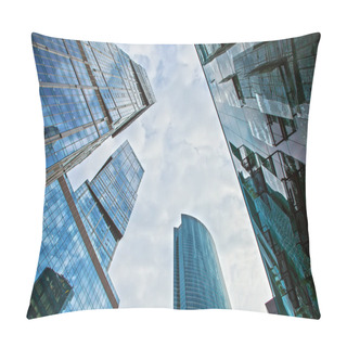 Personality  View Of The Top Of Modern Glass Skyscrapers Against The Blue Sky. Pillow Covers