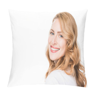 Personality  Portrait Of Attractive Smiling Woman Looking At Camera Isolated On White Pillow Covers