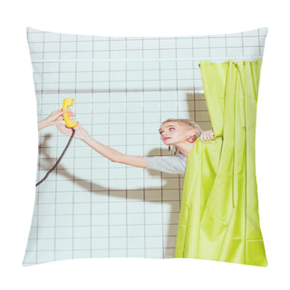Personality  Beautiful Woman Taking Yellow Retro Telephone Handset In Shower With Green Curtain Pillow Covers