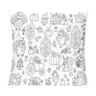 Personality  Vector Black And White Thanksgiving Elements Set. Autumn Line Icons Collection With Turkey, Animals, Harvest, Cornucopia, Pumpkins, Trees. Fall Holiday Outline Pack With Car, Tractor, Frui Pillow Covers