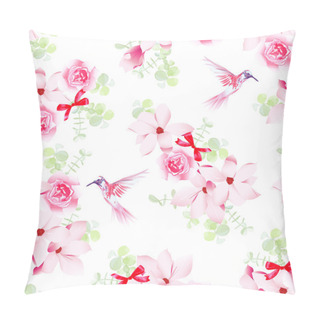 Personality  Hummingbirds And Bunches With Magnolias And Roses Seamless Vecto Pillow Covers