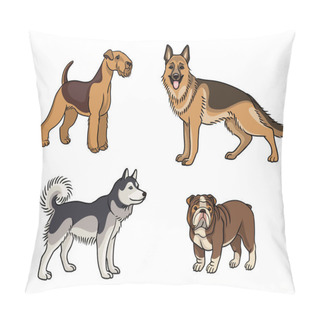 Personality  Dogs Of Different Breeds In Color (welsh Terrier, German Shepherd, Husky, Bulldog) - Vector Illustration Pillow Covers