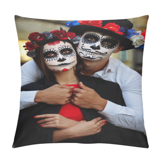 Personality  A Couple, Wearing Skull Make-up For. All Souls Day. Boy And Girl Sugar Skull Makeup.painted For Halloween Standing On The Street. Dead In The City. Zombie Walk.day Of The Dead Holiday In Mexico Pillow Covers