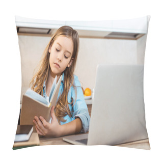 Personality  Selective Focus Of Cute Kid Holding Book Near Laptop While Online Studying At Home Pillow Covers