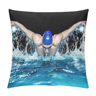 Personality  Muscular Young Man In Blue Cap In Swimming Pool Pillow Covers