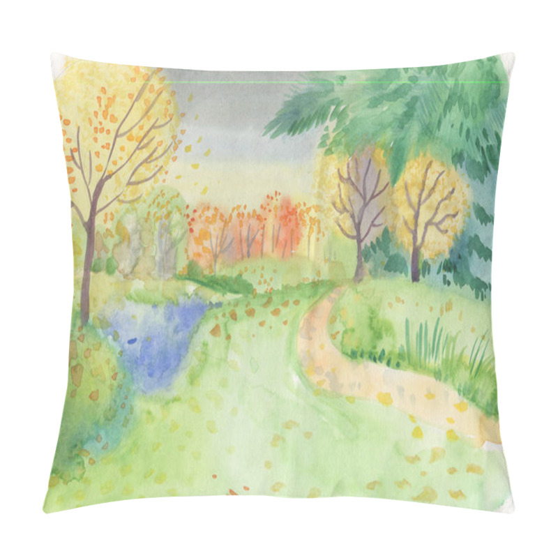 Personality  watercolor landscape in the style of realism - autumn pillow covers