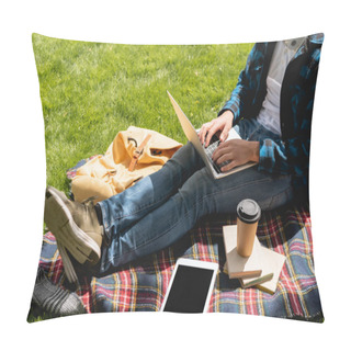 Personality  Cropped View Of Student Using Laptop Near Digital Tablet With Blank Screen And Paper Cup On Plaid Blanket, Online Study Concept  Pillow Covers