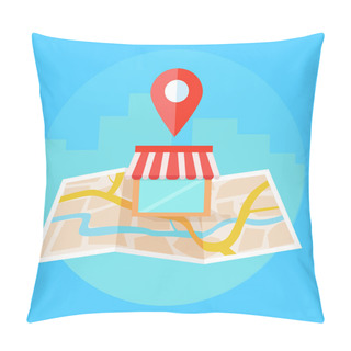 Personality  Local Seo Banner, Map And Shop In Realistic View.  Pillow Covers