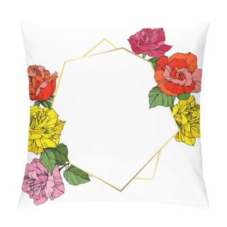 Personality  Vector Roses. Floral Botanical Flowers. Orange, Pink And Yellow Engraved Ink Art. Frame Golden Crystal. Geometric Polygon Crystal Shape. Pillow Covers