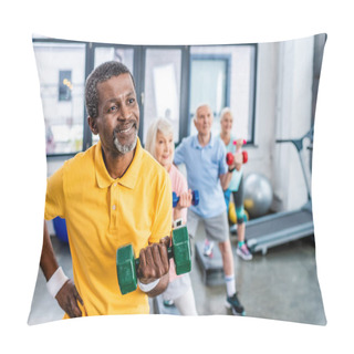 Personality  African American Man And His Friends Synchronous Exercising With Dumbbells At Sports Hall Pillow Covers