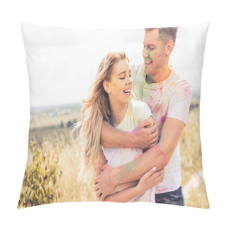 Personality  Attractive Woman And Handsome Man Smiling And Hugging Outside  Pillow Covers