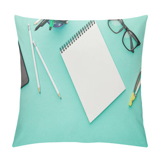 Personality  Top View Of Smartphone With Blank Screen Near Glasses, Stationery And Notebook Isolated On Turquoise Pillow Covers