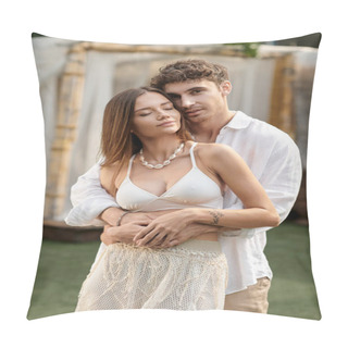 Personality  Handsome Man Hugging Tattooed Woman In Crop Top And Looking At Camera Outdoors, Summer Getaway Pillow Covers