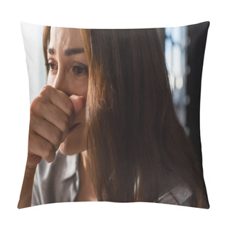 Personality  Close Up Of Upset And Brunette Woman Touching Face While Crying At Home Pillow Covers