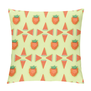 Personality  Top View Of Pattern With Handmade Red Paper Strawberries And Watermelon Slices Isolated On Green Pillow Covers