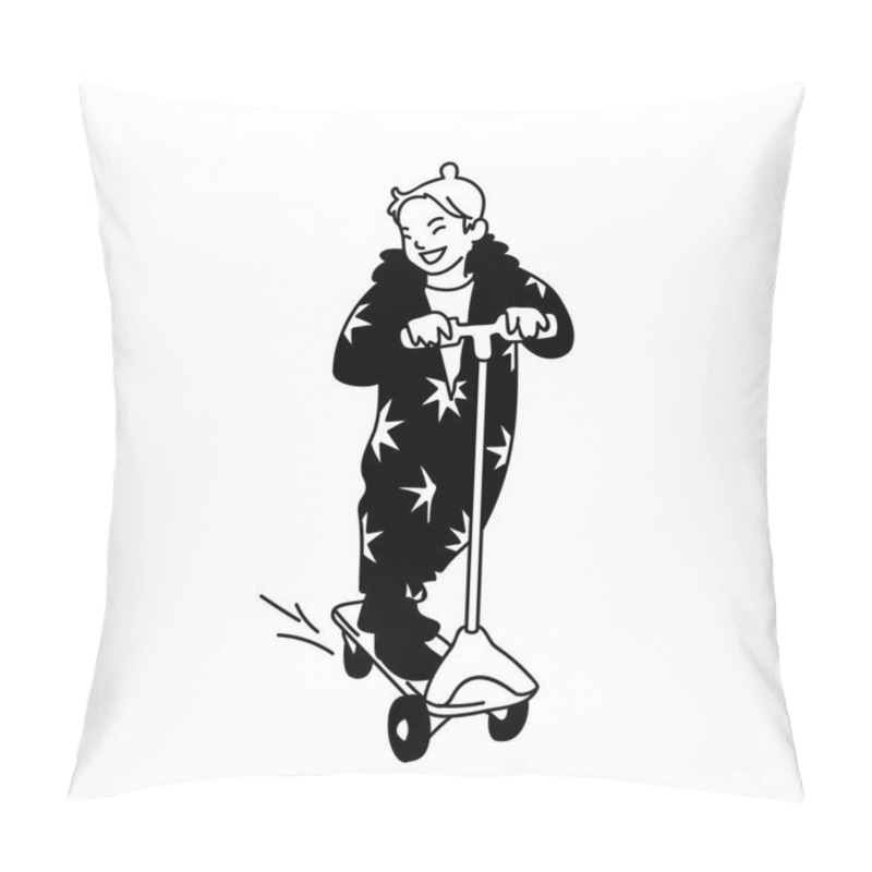 Personality  Little girl on a scooter. Front view. Monochrome vector illustration of happy cute girl in jumpsuit with stars riding a scooter in simple line art style isolated on white background. Concept. pillow covers