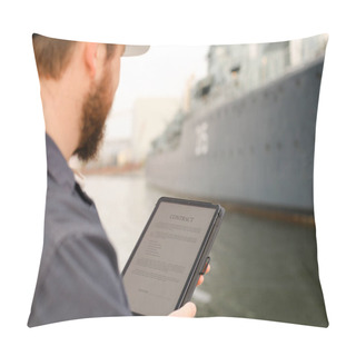 Personality  Navigation Officer Reading Contract On Tablet Near Vessel In Background. Pillow Covers