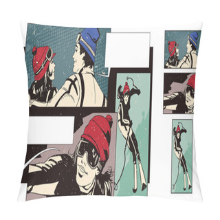 Personality  Collage On Theme Ski Sport And Vacation. Skiers. Pillow Covers