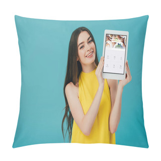Personality  KYIV, UKRAINE - JUNE 6, 2019: Happy Beautiful Girl In Yellow Dress Showing Digital Tablet With Forsquare App Isolated On Turquoise Pillow Covers