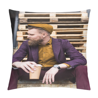Personality  Businessman With Vintage Mustache And Beard Sitting On Street With Paper Cup In Hands Pillow Covers