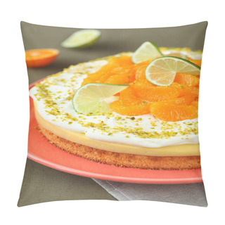 Personality  Citrus Fruit Cake With A Layer Of Biscuit Sponge, Lemon Curd, Chantilly Cream And Decorated With Tangerine And Lime Slices, Powdered With Crushed Pistachios, On An Orange Plate, On Green Grey Background. Pillow Covers