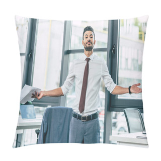 Personality  Young Businessman Showing Alas Gesture While Holding Documents And Looking At Camera Pillow Covers