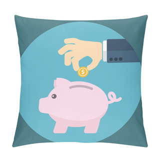 Personality  Vector Piggy Bank Concept In Flat Style - Money Savings , Inserting A Coin Into A Piggy Bank Pillow Covers