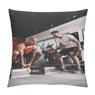 Personality  Excited Trainer Shouting While Motivating African American Sportsman Lifting Weight Pillow Covers