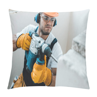 Personality  Selective Focus Of Handsome Handyman In Uniform And Yellow Gloves Using Hammer Drill  Pillow Covers
