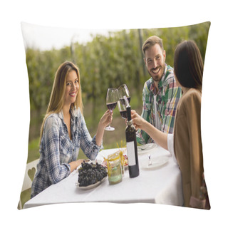 Personality  Group Of Young People Sitting By The Table And Drinking Red Wine In The Vineyard Pillow Covers