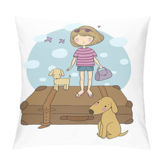 Personality  Happy Travel. Cute Cartoon Girl, Dog And Suitcases. Bon Voyage Pillow Covers