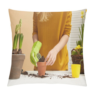 Personality  Partial View Of Gardener In Yellow Sweater Planting Cactus In Flowerpot  Pillow Covers