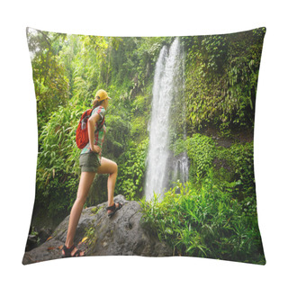 Personality  Young Woman Backpacker Looking At The Waterfall In Jungles. Pillow Covers