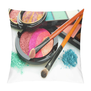 Personality  Bright Eye Shadows And Rouge With Brushes, Isolated On White Pillow Covers