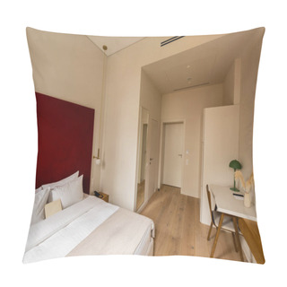 Personality  Wooden Chair Near Workspace And Bed In Room Of Hotel  Pillow Covers