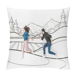Personality  Creative Hand Drawn Collage With Couple Running By Mountains Landscape Pillow Covers